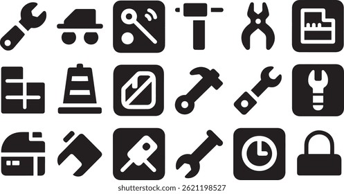 Black Construction Tools Icon Set on White Background, Solid Black Silhouette Construction Equipment and Tool Icons

