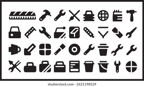 Black Construction Tools Icon Set on White Background, Solid Black Silhouette Construction Equipment and Tool Icons

