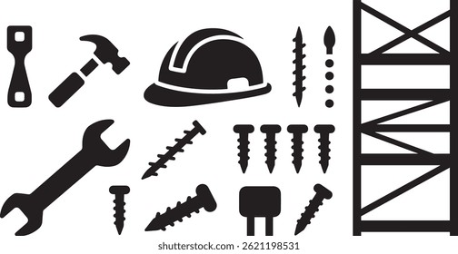 Black Construction Tools Icon Set on White Background, Solid Black Silhouette Construction Equipment and Tool Icons

