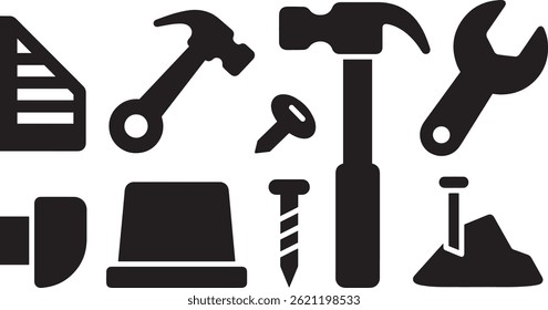 Black Construction Tools Icon Set on White Background, Solid Black Silhouette Construction Equipment and Tool Icons

