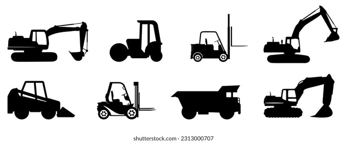 Black construction vehicle silhouette collection. Set of black vehicle silhouette. Black transportation silhouette icons