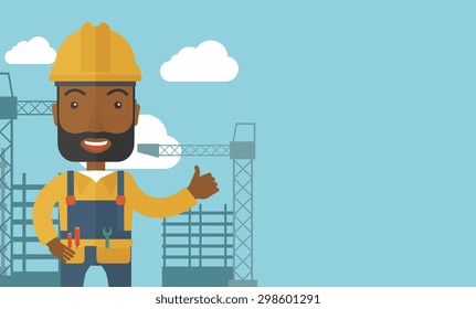 A black construction worker standing with crane tower background. A Contemporary style with pastel palette, soft blue tinted background with desaturated clouds. Vector flat design illustration