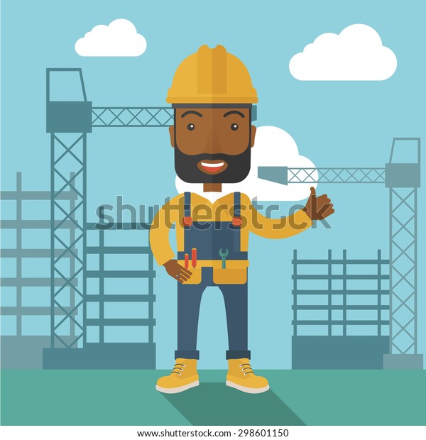 Black Construction Worker Standing Crane Tower Stock Vector Royalty