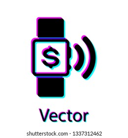 Black Contactless payment icon isolated on white background. Smartwatch with nfc technology making wireless contactless transactions. Vector Illustration