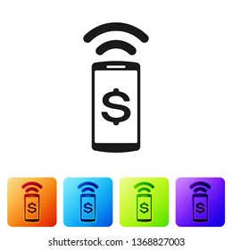 Black Contactless payment icon isolated on white background. Mobile wallet technology, nfc, wireless payment with smartphone. Set icon in color square buttons. Vector Illustration