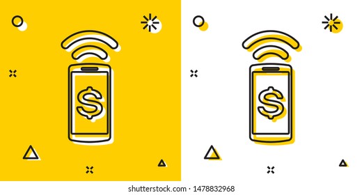 Black Contactless payment icon isolated on yellow and white background. Mobile wallet technology, nfc, wireless payment with smartphone. Random dynamic shapes. Vector Illustration