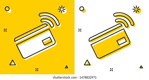 Black Contactless payment with nfc card icon isolated on yellow and white background. Card with radio wave sign. Credit card payment. Random dynamic shapes. Vector Illustration