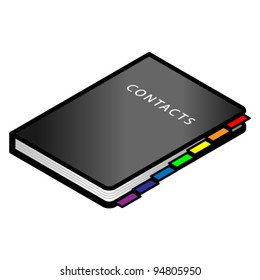 A black contacts book with multi color tabs.