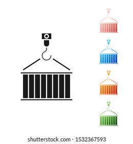 Black Container on crane icon isolated on white background. Crane lifts a container with cargo. Set icons colorful. Vector Illustration