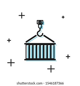 Black Container on crane icon isolated on white background. Crane lifts a container with cargo.  Vector Illustration