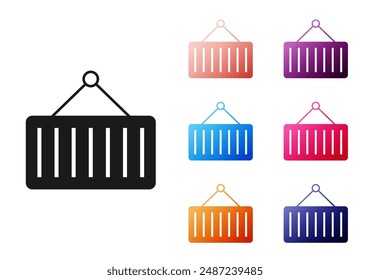 Black Container on crane icon isolated on white background. Crane lifts a container with cargo. Set icons colorful. Vector