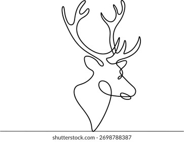Desenho de linha contínua preto de uma cabeça de veado com galhadas