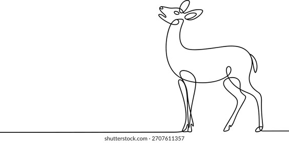 Black continuous line drawing of a deer looking up