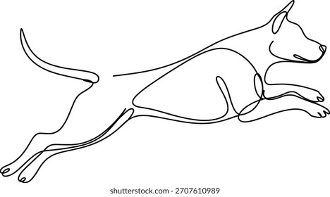 Black continuous line drawing of a dog in motion animal