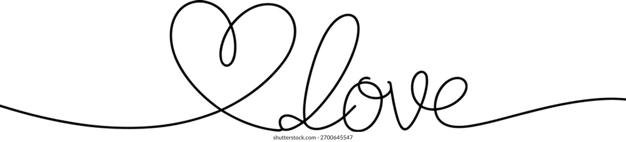Black continuous line drawing of heart and love text 1