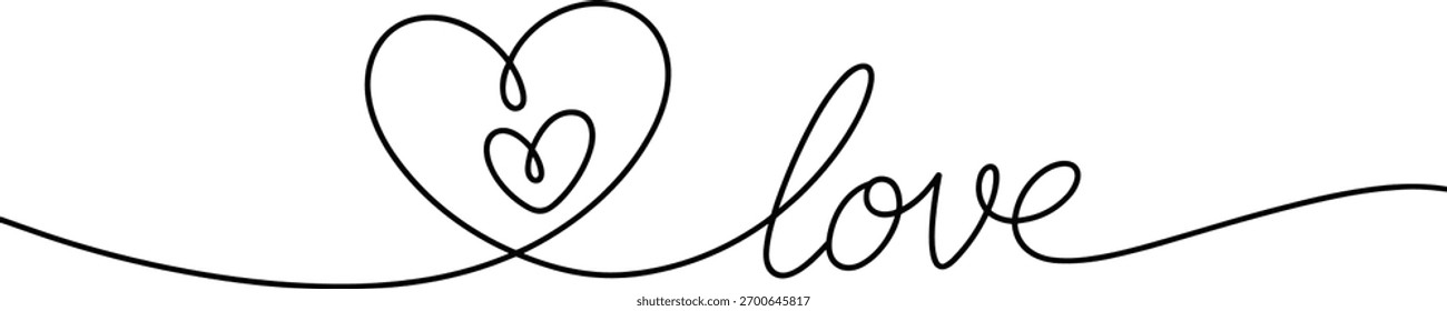 Black continuous line drawing of a heart and the word love 1