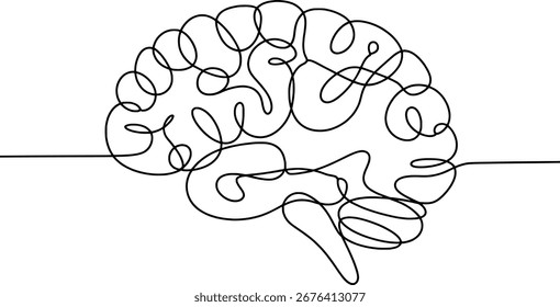 Dibujo de línea continua negra de una anatomía del cerebro humano sobre un fondo blanco.