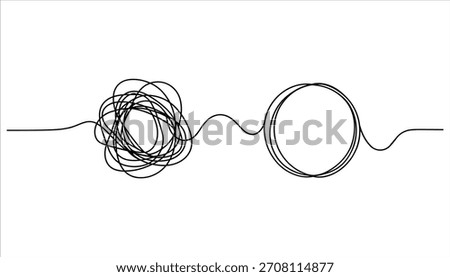 Black continuous line drawing showing a tangled mess transforming into a neat circle on white background