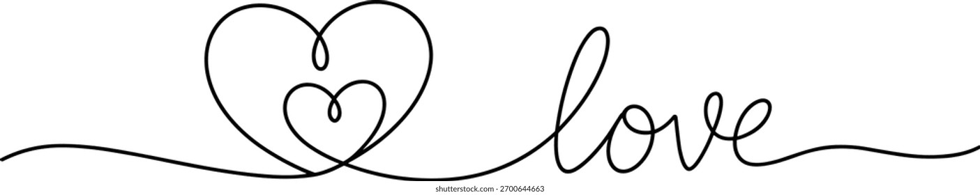 Black continuous line drawing of two hearts and the word love
