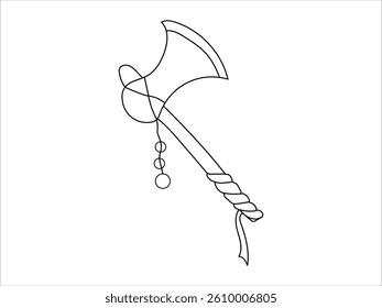 Black Continuous Line Drawing of Viking Axe with Decorative Elements isolated on White Background. Concept of Nordic Weapon, Minimalist Art, Historical Tool, Single Line Art for Design and Decoration.
