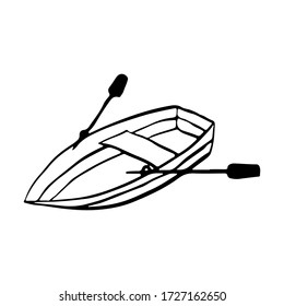 Black contour boat with oars icon. Top view, side and front. Hand drawn vector graphic illustration. Isolated object on a white background. Isolate.