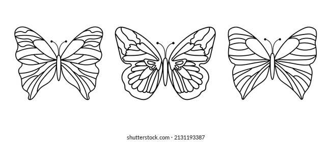 black contour butterflies set on white background