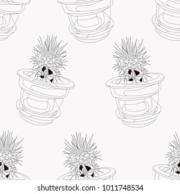 black contour cactus in the flowerpot, seamless pattern on a white background