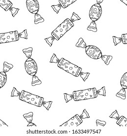 Black contour candies isolated on white background. Seamless pattern. Vector hand drawing. Texture.