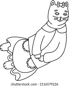 El contorno negro de un gato volando por el cielo con un vestido y un abrigo corto. Colores. Ilustración del vector