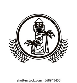 black contour circle with decorative olive branch and tower of lighthouse