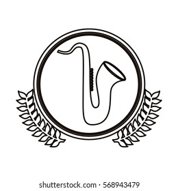 black contour circle with decorative olive branch and saxophone