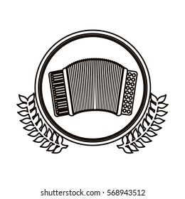 black contour circle with decorative olive branch and accordion with keyboard