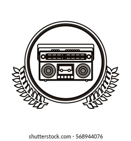 black contour circle with decorative olive branch and radio stereo