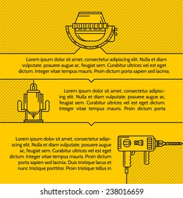 Black contour construction equipment. Vector illustration on streaky yellow background with sample text for your business.