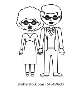 black contour couple curly woman with dress and man in formal suit with taken hands vector illustration