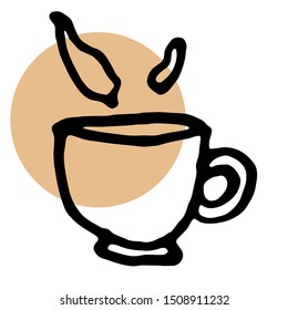 Black contour cups with coffee on a brown circle background. Cute scandinavian style poster.