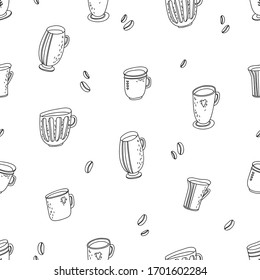 Black contour cups, mugs, coffee beans seamless pattern on white background. Doodle vector illustration. Background for textile, menu, cover, design.