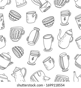 Black contour cups, mugs, kettles, tea pots seamless pattern on white background. Doodle vector illustration. Background for cover design.