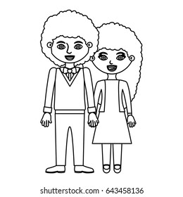 black contour curly couple woman with dress and man with bowtie and taken hands vector illustration