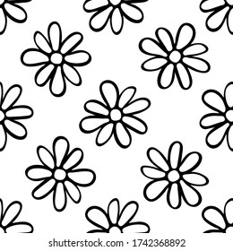 Black contour daisy flowers isolated on white background. Childish cute seamless pattern. Hand drawn vector graphic illustration. Texture.