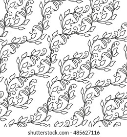 Black contour diagonal seamless pattern on white background. Decorative twigs with leaves isolated on white background. Diagonal seamless pattern.
