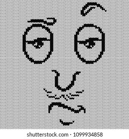 Black contour of distrustful grimace with mustache on the white background, knitting vector pattern as a fabric texture