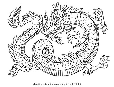 Black contour dragon on white background. Chinese New Year. Vector line art for coloring book, tattoo design