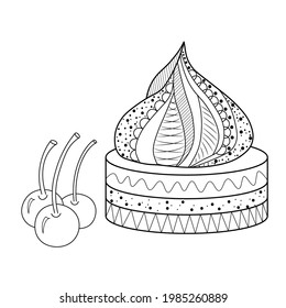 Black contour drawing of a cake with protein cream and cherries on a white background. Coloring book for children and adults. Decorative element for design