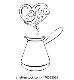 Black contour drawing with coffee pot. Contour drawing isolated on white background. Artistic sketch with coffee pot and lettering heart. 