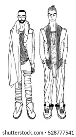 Black contour drawing. Hand drawn Guy Illustration. Stylish and trendy outfit. Actual Street Fashion Male Look