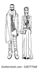 Black contour drawing. Hand drawn Couple Illustration. Stylish and trendy outfit. Actual Street Fashion Look