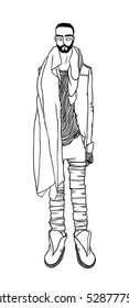 Black contour drawing. Hand drawn Guy Illustration. Stylish and trendy outfit. Actual Street Fashion Male Look