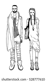 Black contour drawing. Hand drawn Couple Illustration. Stylish and trendy outfit. Actual Street Fashion Look
