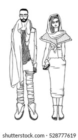 Black contour drawing. Hand drawn Couple Illustration. Stylish and trendy outfit. Actual Street Fashion Look